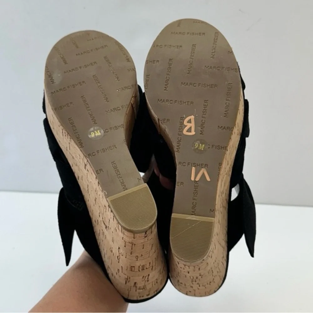 Marc Fisher Women's Hobby Sandal Sz 9 Cork Wedge Platform Suede Black Slide Knot